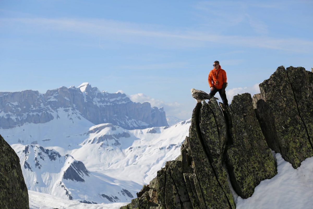 Jacques-Olivier accompagné de son oiseau au sommet d'une montagne.