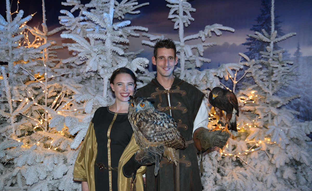 Prestation de Noël avec des fauconnier qui portent leur oiseaus sur leur gant. Ambiance médiévale et fête de noël.